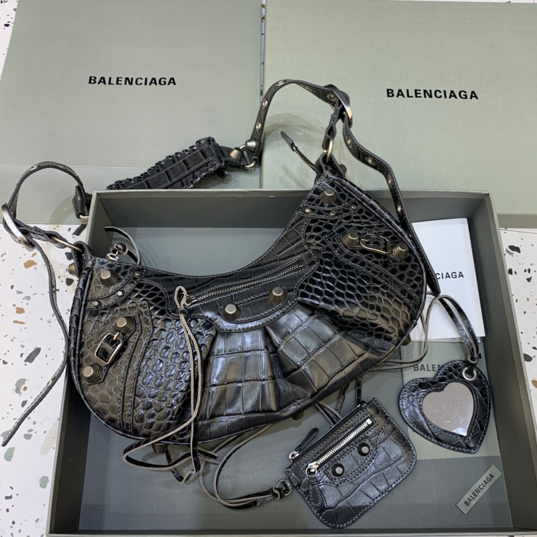 Balenciaga Le Cagole Small Shoulder Bag Crocodile Embossed Black